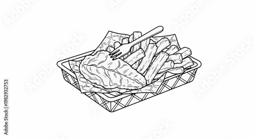 Black and white illustration of a portion of fried fish and chips in a basket