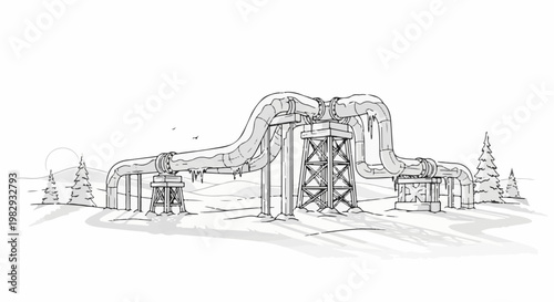 Industrial pipes traverse a snowy winter landscape with evergreen trees