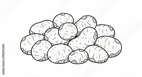 A pile of roughly drawn, lumpy potatoes with dark outlines