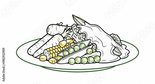 A plate of assorted fresh vegetables, including corn, peas, and carrots