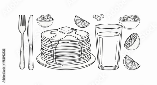 Stack of pancakes with butter, syrup, berries, citrus slices, juice, fork, and knife