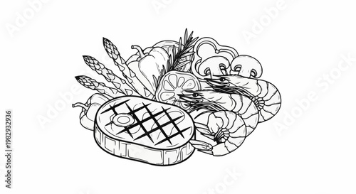 Line art depicts a steak, shrimp, asparagus, mushrooms, lemon, and bell pepper