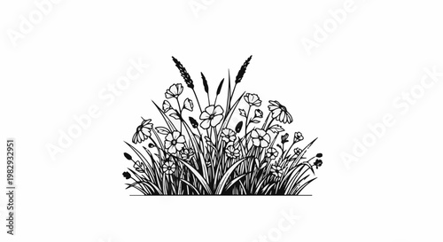 Black and white drawing of a cluster of wildflowers and grasses