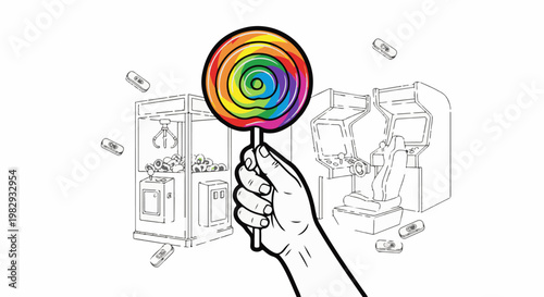 Hand holding colorful swirl lollipop with arcade games and tokens in background