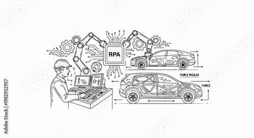 Automated vehicle assembly line controlled by an engineer and RPA technology