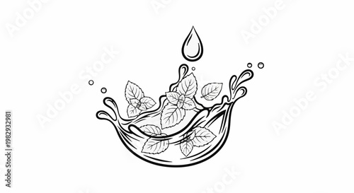 A refreshing splash with mint leaves and a falling water droplet