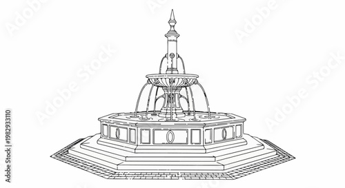 An ornate, multi-tiered fountain with water flowing over stone