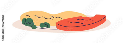 Dish on plate. Dinner meal, abstract cooked food serving. Mashed potato, green vegetable, meat steak. Diet eating, balanced nutrition. Flat vector illustration isolated on white background