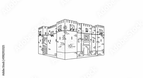 A stark black and white line drawing depicts a fortified castle structure