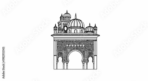 Ornate archway with multiple domes and intricate patterned facade