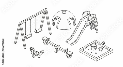 An assortment of outdoor play equipment including a swing set and slide