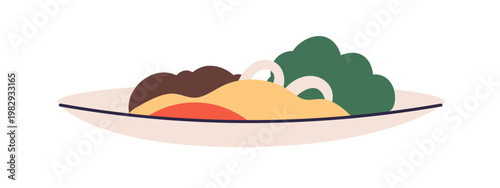 Dish serving on plate. Dinner and lunch meal. Abstract cooked food. Mashed potato puree, vegetables, beef meat, sauce. Eating, nutrition. Flat vector illustration isolated on white background