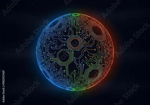 Glowing Circuit Sphere with Neon Traces in Dark Background