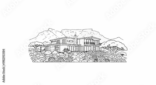 Modern house amidst lush vegetation and majestic mountains