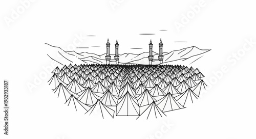 Numerous tents spread out before tall minarets and distant mountains