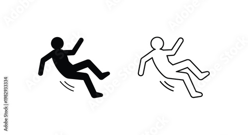 Two black and white icons depicting a person in a falling or tripping pose