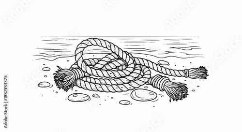 Nautical rope tied in a knot on a sandy shore with water in background