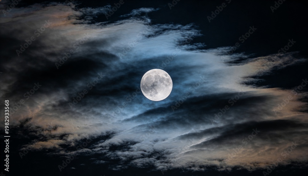Fototapeta premium Revealing full moon showing crater detail in open night sky, with layered wispy clouds illuminated
