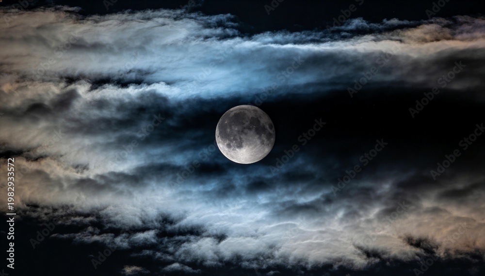 Fototapeta premium Shining bright nearly full Moon showing crater details, lighting layered clouds across night sky