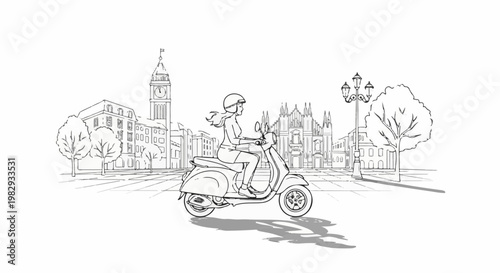 A woman on a scooter rides through a city with a cathedral in the background