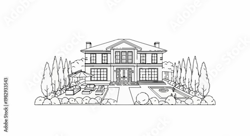 A stylized line drawing of a large two-story house with a pool and patio