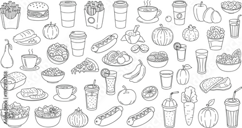 Food and beverage hand drawn line icons set with fast food drinks fruits and vegetables isolated on transparent background vector illustration