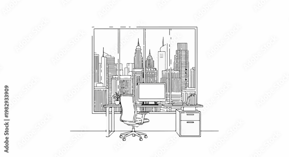 Obraz premium Modern office setup with city skyline view through large window