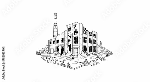 Ruined industrial building with broken windows and debris