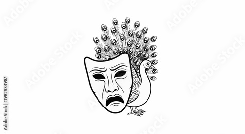 Sad theatrical mask combined with a peacock
