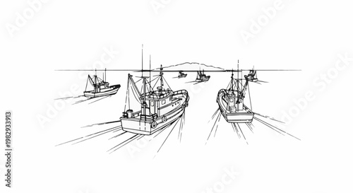 A sketch depicts multiple fishing boats sailing on the ocean towards a distant island