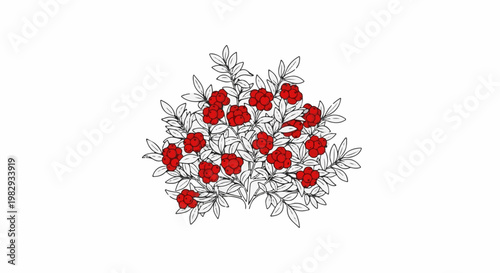 A stylized depiction of a berry bush with clusters of red berries and outlined leaves