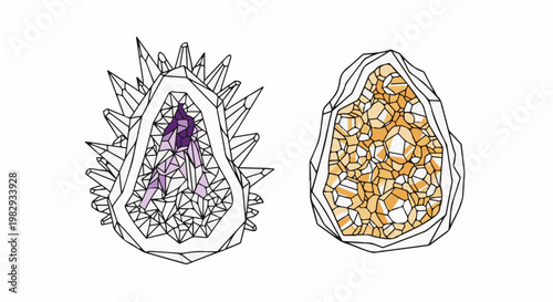 Two stylized geode cross-sections, one with purple crystals, other with orange