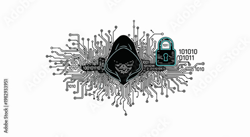 Silhouette of a hooded figure on a circuit board with binary code and a padlock