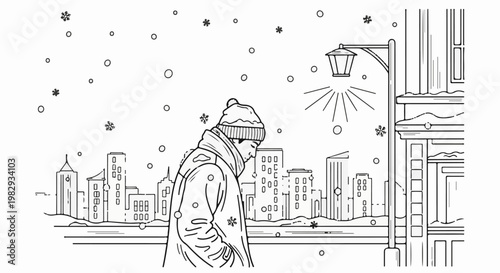 A person bundled in winter clothing walks through a snowy cityscape at night