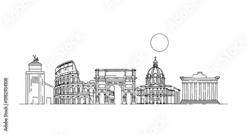 A monochromatic outline depicts iconic ancient structures under a simple circle