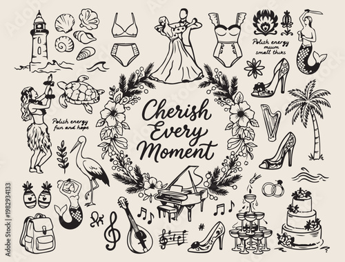 Cherish every moment quote floral wreath, elegant hand drawn botanical frame graphics, minimalist lifestyle and inspiration vector art, contemporary floral border and quote design, stylish greeting ca