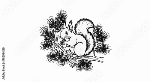 A line art illustration of a squirrel on a pine branch with cones