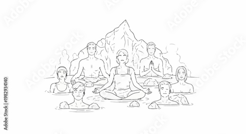 People meditating in a natural hot spring with mountains in the background