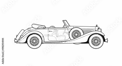 Vintage convertible automobile drawing with a spare tire mounted on the side