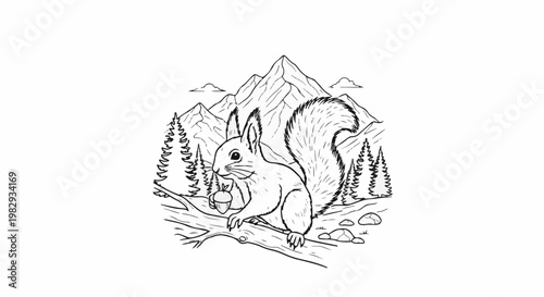 A squirrel on a branch holds an acorn, with mountains and trees behind