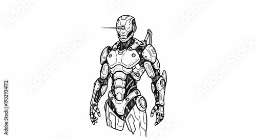 A robotic humanoid with a targeting beam emanating from its eye