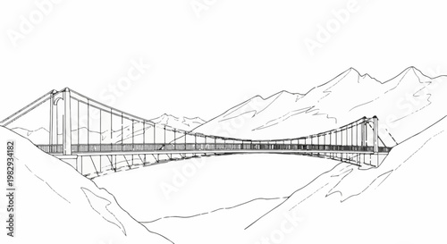 A sketched suspension bridge spans a valley with mountains in the background