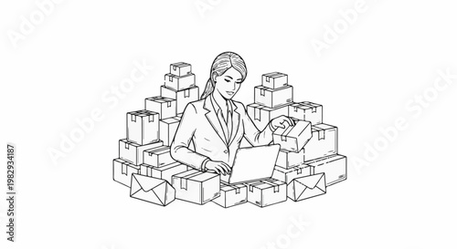 Woman in suit with laptop surrounded by boxes and envelopes