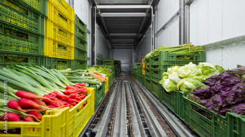 Fresh vegetables inside refrigerated truck for delivery logistics