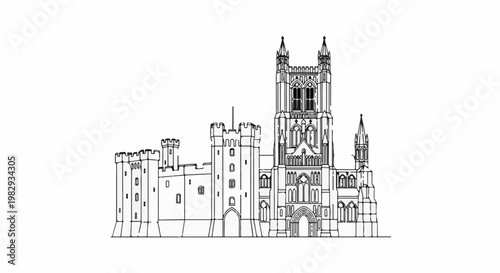 Ornate Gothic style castle with a tall central tower and crenellated wings