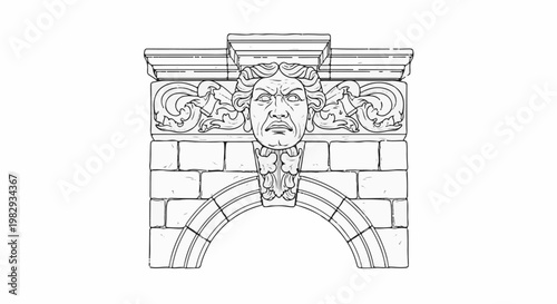 Ornate stone archway with a distressed face carving and decorative elements