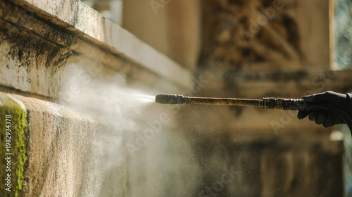 Power washing an old dirty building facade