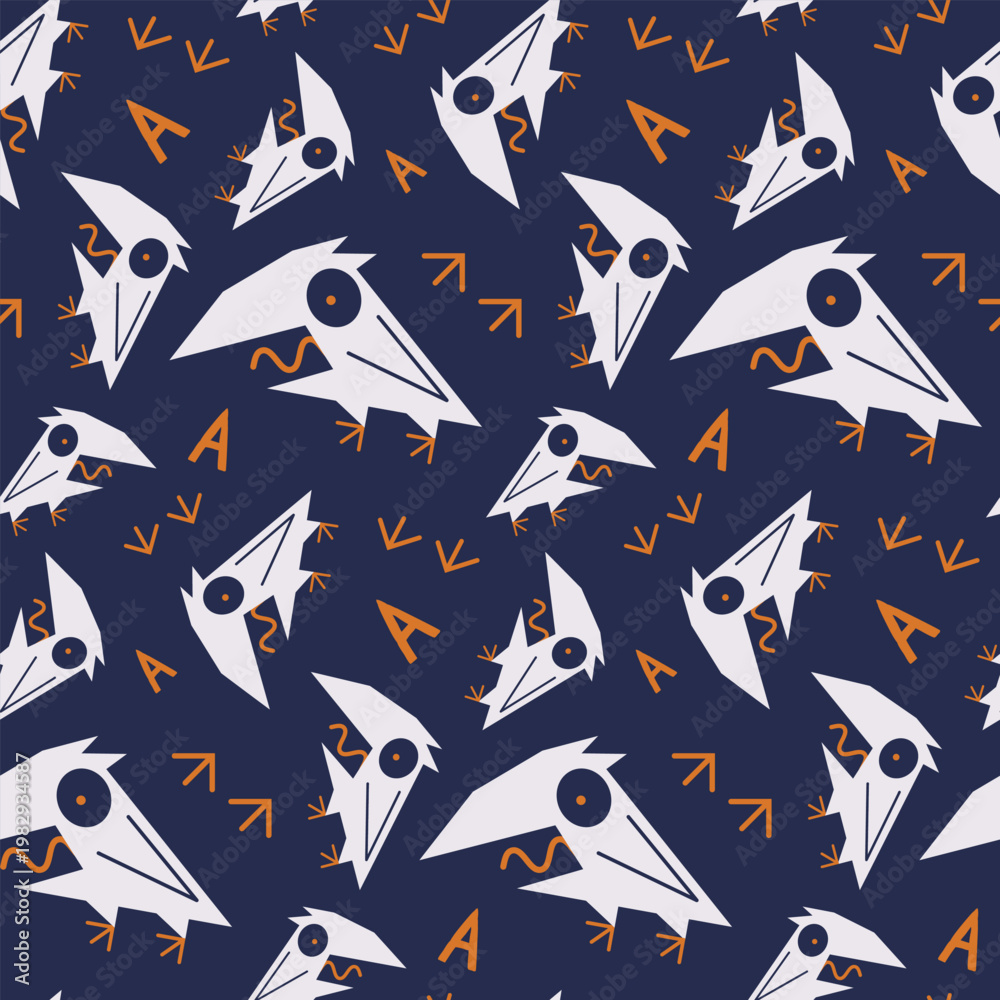 Obraz premium Seamless pattern of funny cartoon bird. Cute scared raven screaming, running on dark background. Modern print design of animal wildlife, a comic character of a white crow. Vector illustration.
