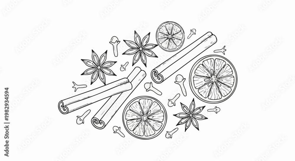 Fototapeta premium A hand-drawn arrangement of citrus slices, cinnamon sticks, star anise, and cloves