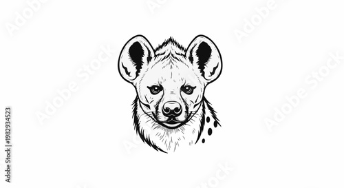A detailed black and white sketch of a hyena's head with large ears and spotted fur